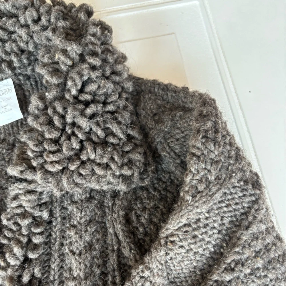 Cardigan Fisherman Full Zip Sweater 100% Wool Made in Ecuador Grayish Green - Picture 2 of 9